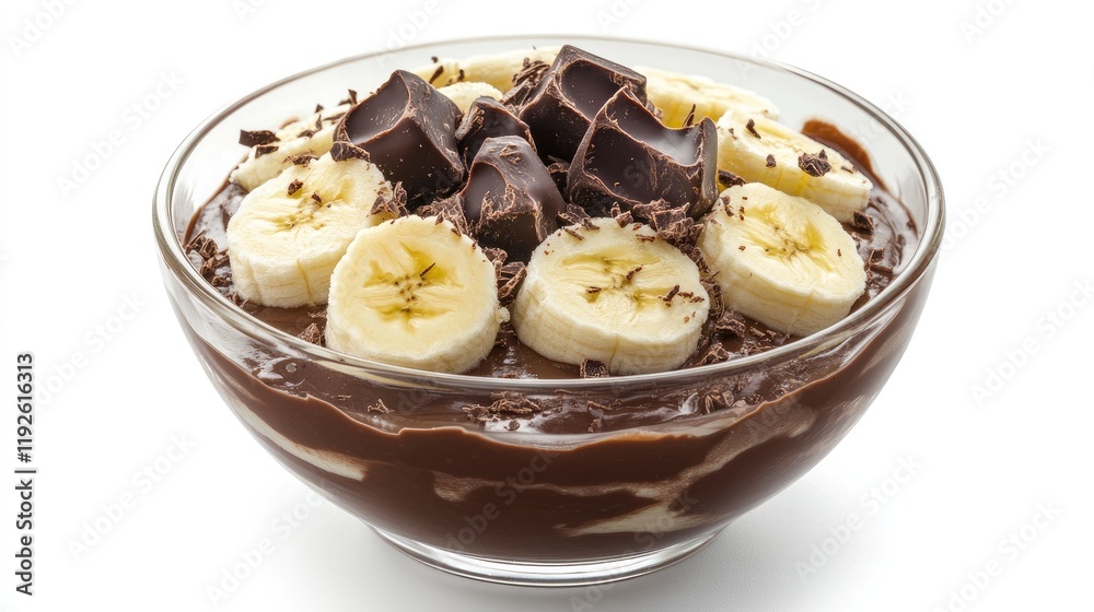 Poster delicious banana chocolate pudding in a bowl topped with slices of banana and chocolate on a white b