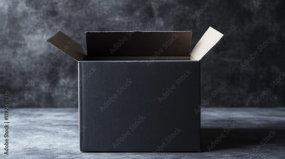 Poster Black cardboard box with open flaps on dark textured background providing ample space for text or product display in advertising compositions