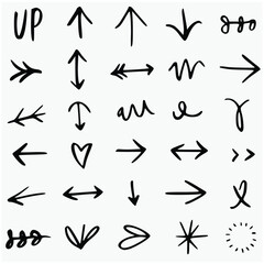 collection of hand-drawn arrow symbols and related doodles. Created with simple black lines on a clean background, the arrows display a variety of styles, from standard straight arrows pointing in var