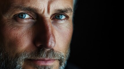 Fototapeta premium Intense gaze of a mature man with a beard showcasing piercing blue eyes against a dark background in a close-up portrait.