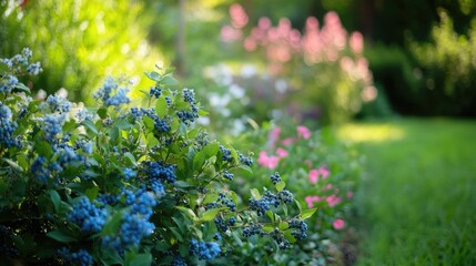 Obraz premium Close-up of Vibrant Blueberry Bushes with Lush Greenery in a Serene Garden Setting