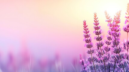 Obraz premium Cloudy abstract background concept. A serene lavender field under a pastel sky at sunset, capturing nature's tranquility.