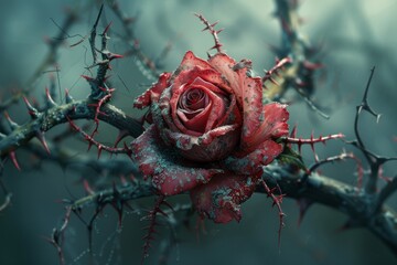 Red rose with thorns and rain fantasy dark beauty nature contrast for gothic and romantic concepts
