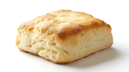 Close up of a freshly baked biscuit on a clean white background highlighting its golden crust and soft interior texture
