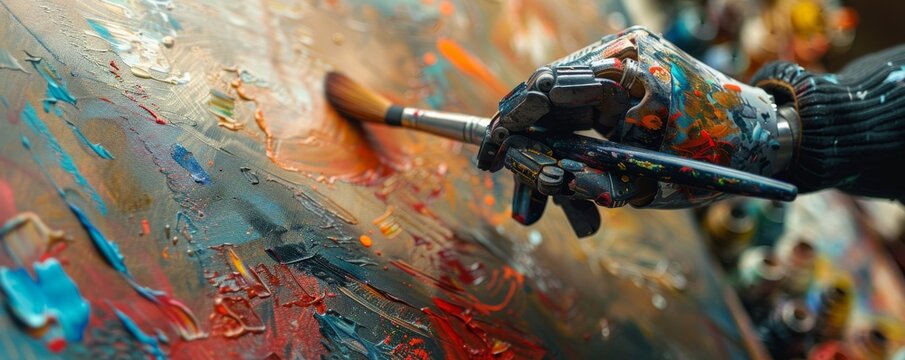 Robotic hand painting on canvas futuristic ai art creation concept for technology and creative projects