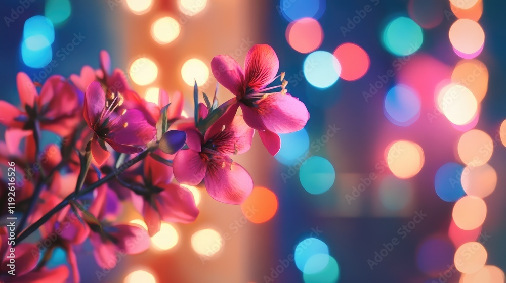 Poster Bokeh floral composition with vibrant colors creating a dreamy and festive atmosphere in the background.