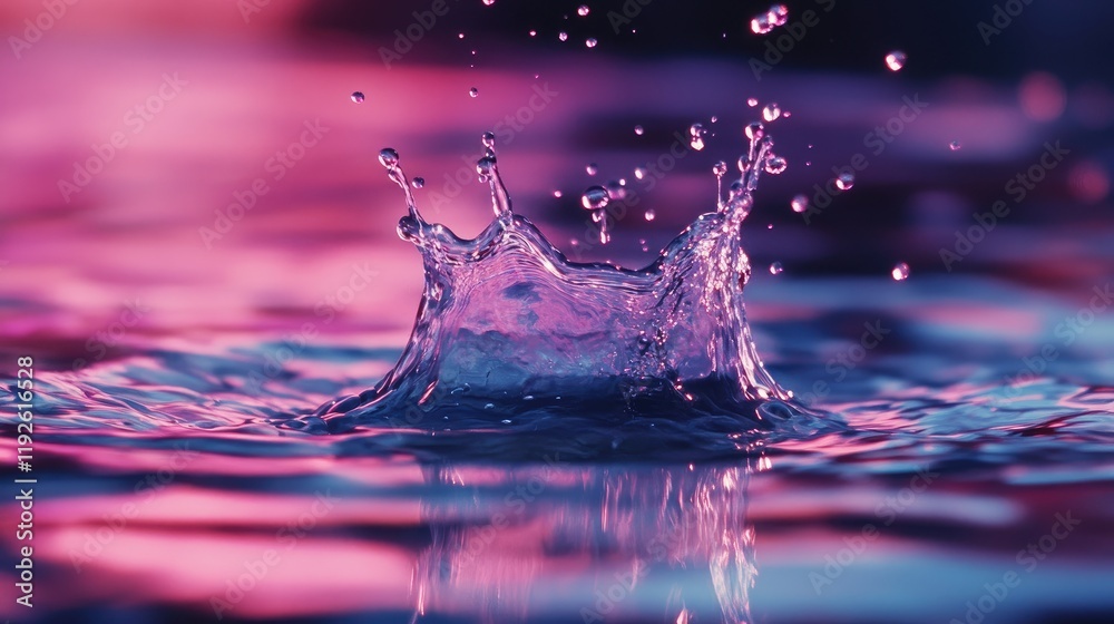 Poster macro view of vibrant water splash creating bubbles on a glossy surface in a colorful ambient settin