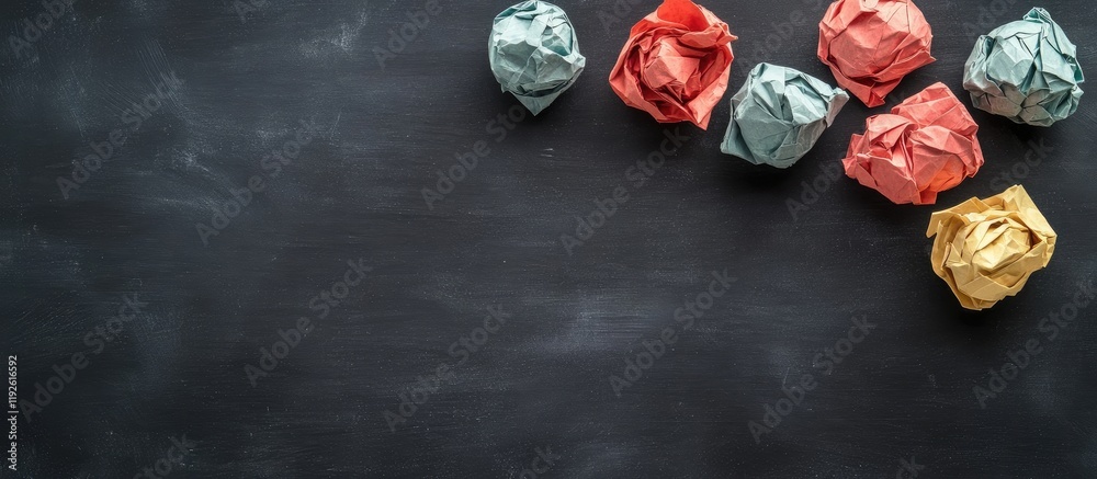 Poster Black chalkboard backdrop with colorful crumpled paper balls and ample copy space for creative text or messaging concepts