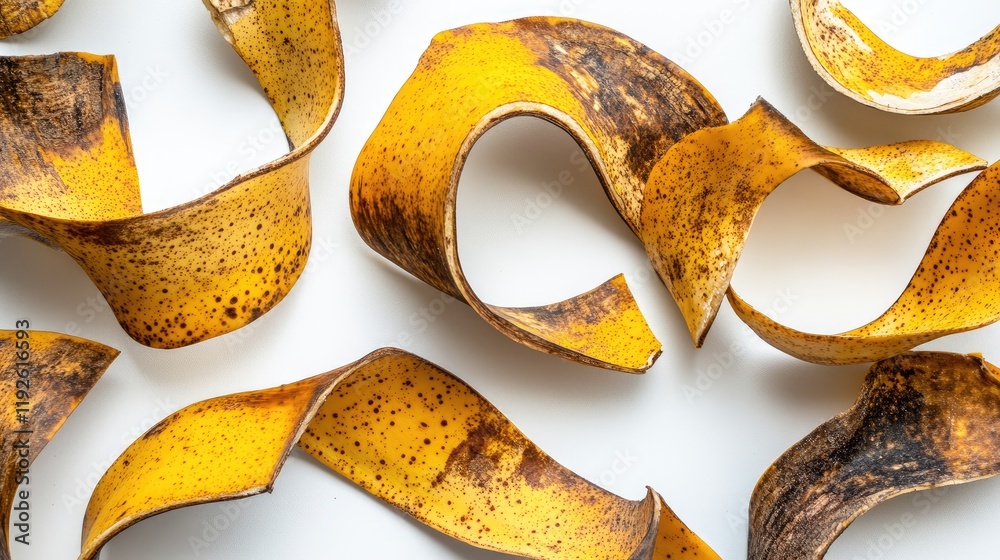 Poster curled banana peels on clean white background displaying texture and color variations