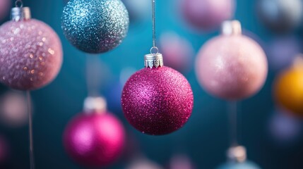 Fototapeta premium Colorful sparkling Christmas ornaments hanging against a blurred festive background creating a cheerful holiday atmosphere.