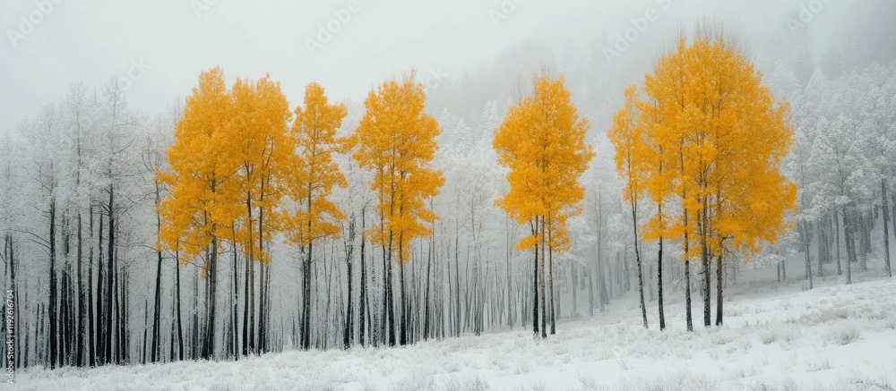 Poster winter forest with vibrant yellow trees in snowy landscape and blank space for custom text or brandi