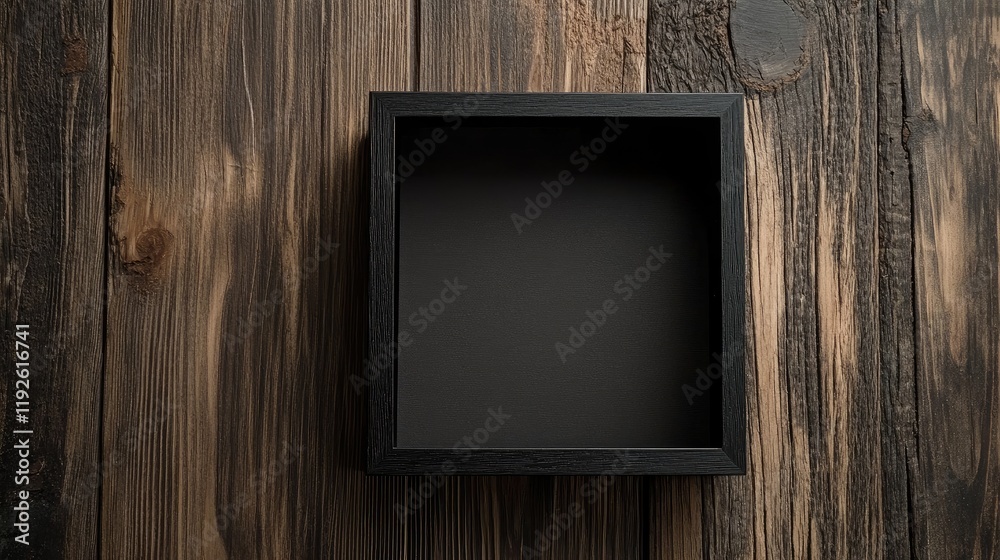 Poster box frame display on rustic wooden background featuring empty space for text and images for creative