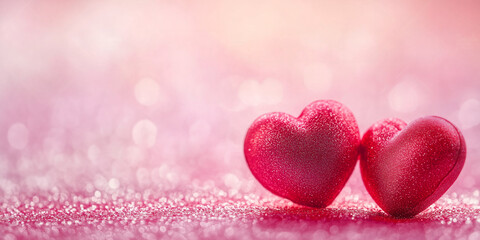 Obraz premium Valentine's Day Background with Glittery Red Hearts on Pink Sparkling Surface