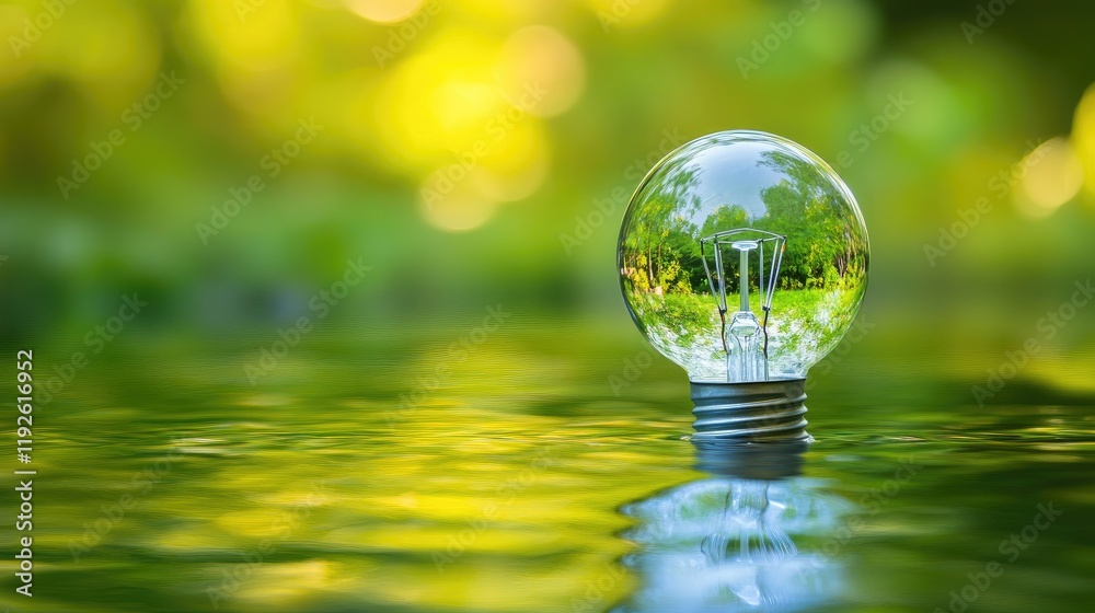 Poster bokeh of light bulb reflection on water surface surrounded by green nature lights and soft focus bac