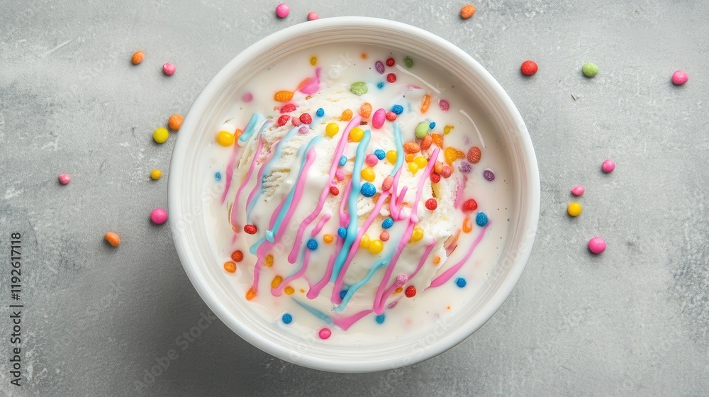 Poster bowl of colorful slightly melted ice cream with drizzled toppings and sprinkles on a gray background