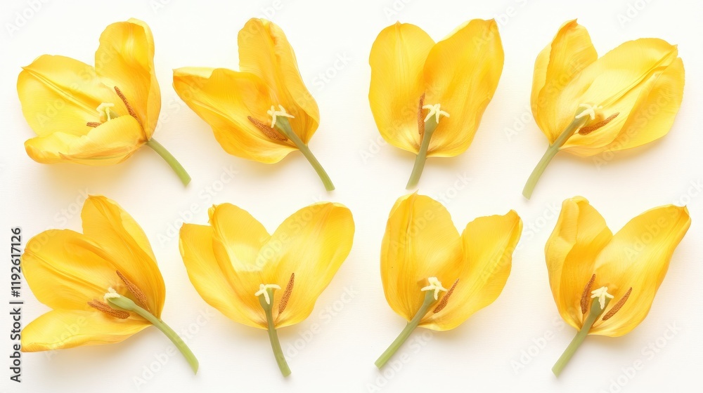 Poster yellow tulips arranged flat on a white background showcasing their vibrant petals and unique shapes 