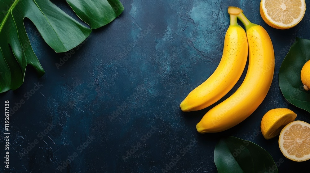 Poster Fresh bananas with vibrant yellow color alongside lemons and tropical leaves on a dark textured background with empty space for text.