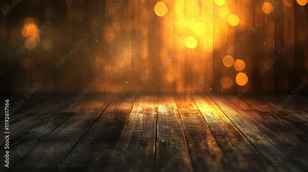 Poster Bokeh effect with warm glowing lights on rustic wooden background creating an inviting atmosphere with ample copy space for text.