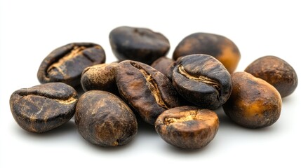 Obraz premium Close up macro shot of assorted roasted brown and black coffee beans on a white background with rich texture and details