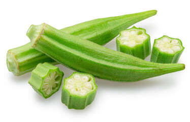 Okra green seed pods, and pieces of okra isolated on white background. File contains clipping paths.