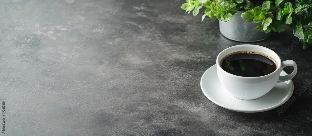 Poster Black coffee cup on a table with coffee plant and ample copyspace for text display in a modern setting