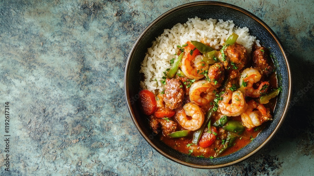 Poster bowl of shrimp and sausage gumbo with okra served over fragrant white rice in a rustic setting