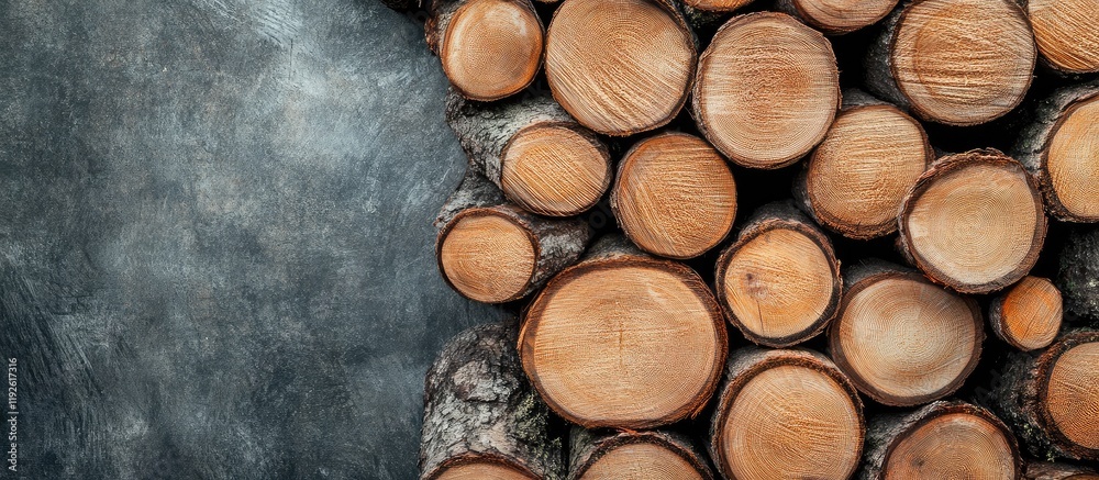 Poster Wooden logs stacked in a forest setting with ample empty space on the right for text or promotional content use