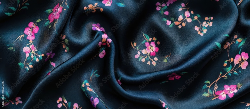 Poster Luxurious floral black silk fabric texture with elegant draping and ample space for text or design elements