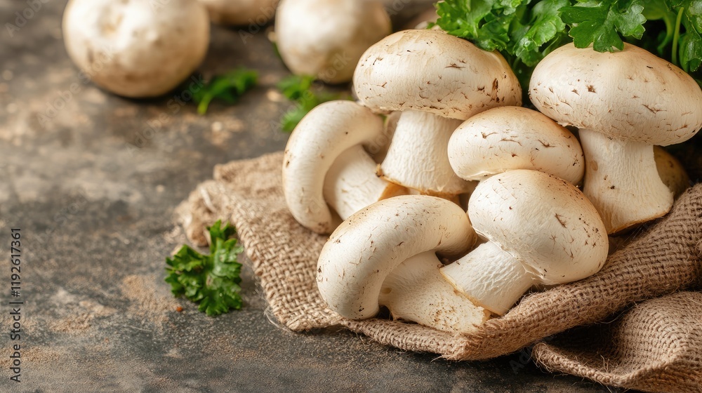 Poster fresh white mushrooms on burlap with parsley creating an appetizing natural background perfect for c