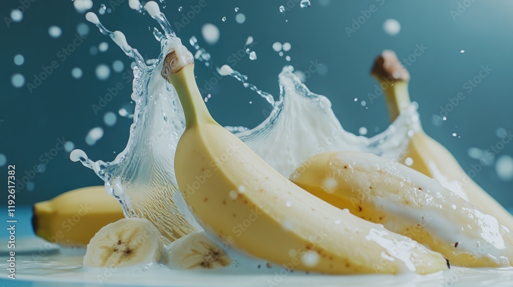 Aufkleber bananas and milk splash creating dynamic droplets against a blue background showcasing freshness and