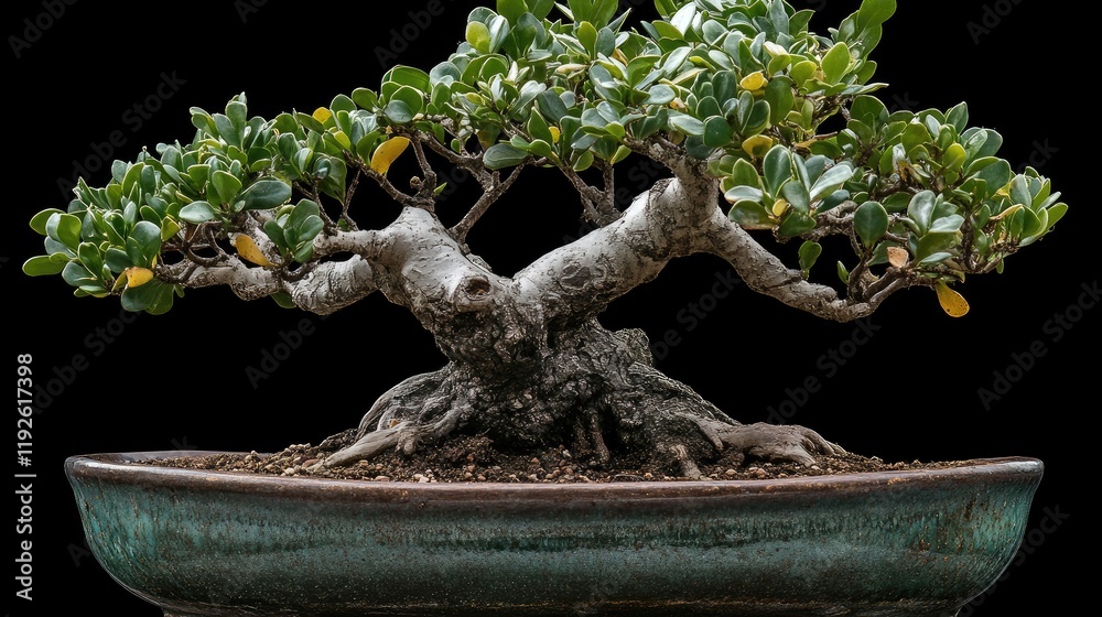 Poster Bonsai tree in decorative flowerpot isolated on black background showcasing intricate foliage and unique trunk structure for nature enthusiasts