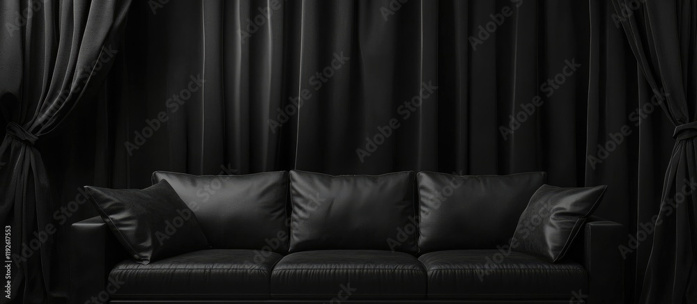 Aufkleber Elegant black sofa and curtains in a stylish interior with blank space for customizable text or design elements.