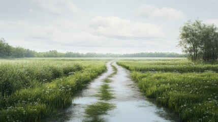 Obraz premium Serene canal path surrounded by lush grass and tranquil water under a cloudy sky in a peaceful natural landscape.