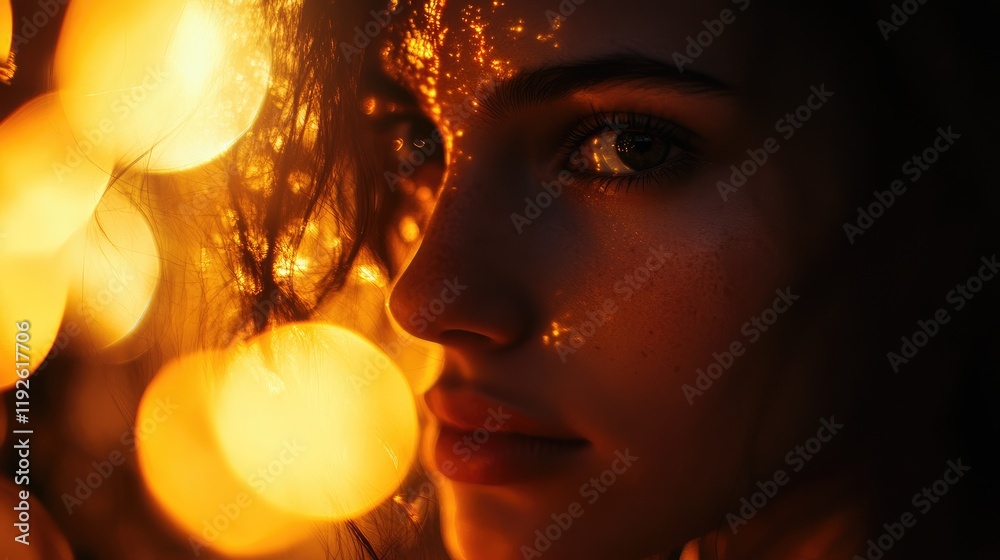 Aufkleber bokeh effect with warm golden tones capturing a close-up of a woman's face and intricate light refle