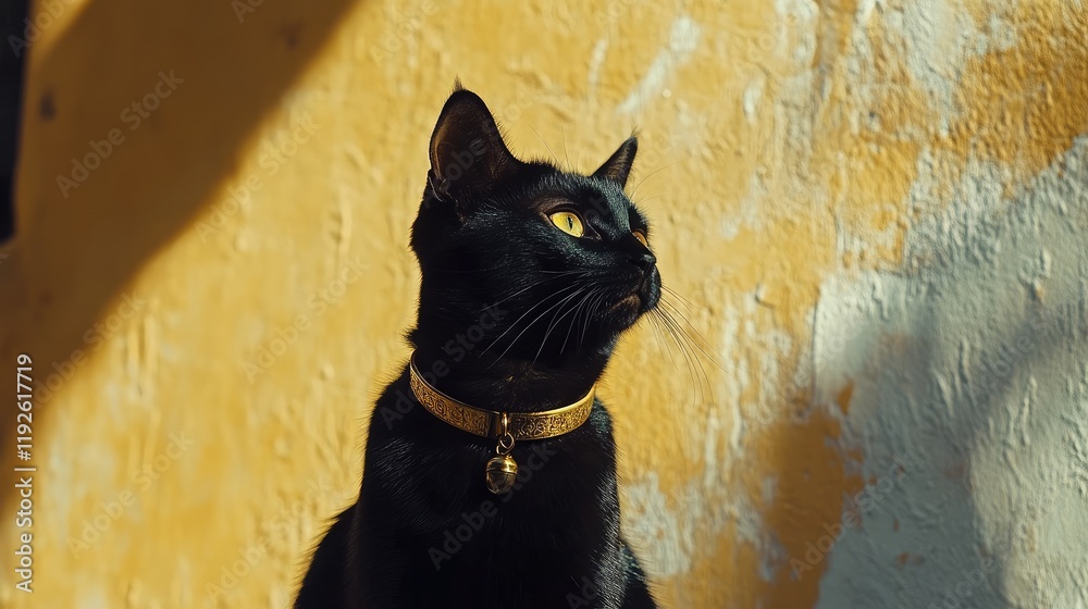 Poster Thoughtful black cat adorned with a golden collar gazes into the distance against a yellow background with space for text insertion.