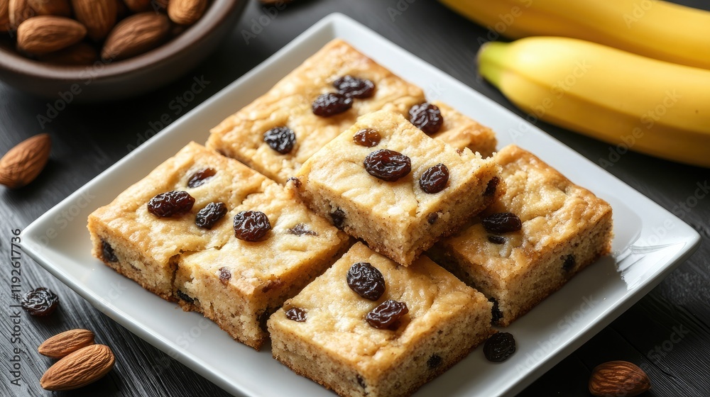 Poster banana coconut bars with raisins and almonds served on a white plate with fresh bananas and nuts in 
