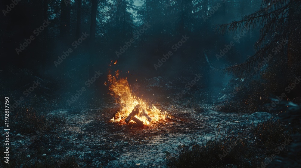 Poster campfire glowing in a serene forest surrounded by smoke and trees creating an atmospheric evening sc