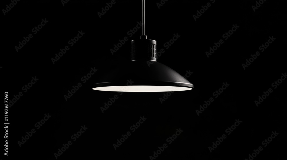Poster elegant black pendant lamp casting soft dim light against a dark backdrop creating a modern ambiance