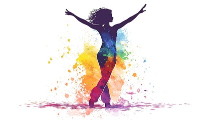 Obraz premium Colorful Silhouette of a Woman Dancing with Watercolor Splashes.