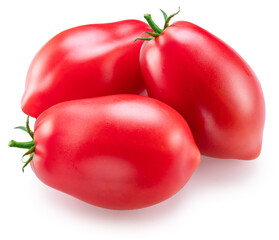 Red ripe Roma tomatoes or plum tomatoes isolated on white background. File contains clipping path.