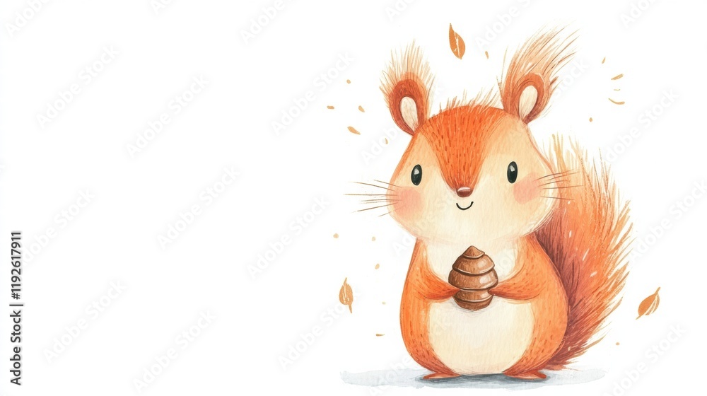 Poster Adorable illustration of a cheerful squirrel holding an acorn in a colorful autumn setting with falling leaves. Generative AI