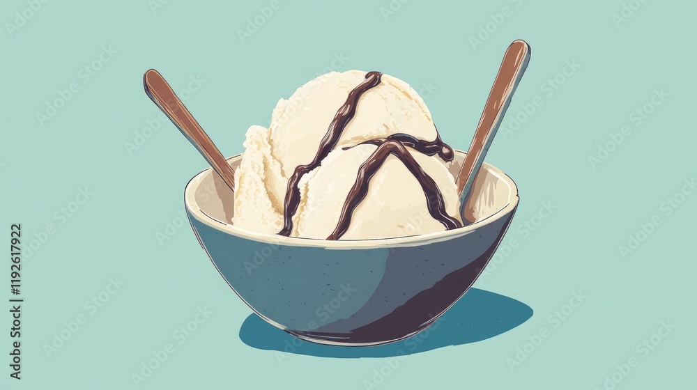 Aufkleber creamy vanilla ice cream with chocolate sauce in a decorative bowl and two spoons on a turquoise bac