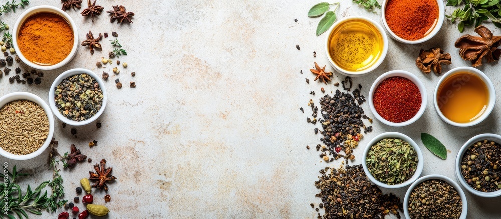 Poster Gourmet spices herbs and teas arranged in bowls on a textured background with ample empty space for text or branding elements