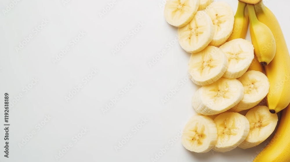 Aufkleber Fresh Bananas and Slices Arranged on a White Background with Ample Copy Space for Text or Design Elements