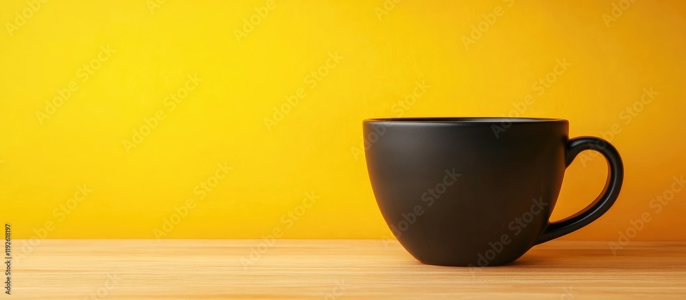 Poster black coffee cup on yellow table with ample copyspace for text and minimalist composition