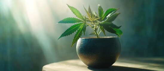 Obraz na płótnie Canvas Vibrant cannabis plant in pot with sunlight highlighting leaves showcasing medicinal cultivation with blank space for text integration