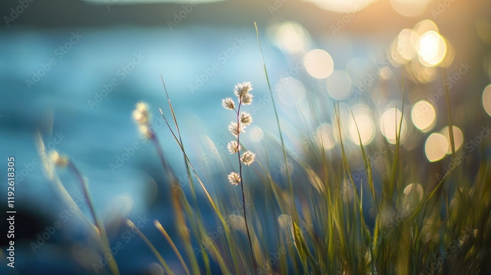 Poster bokeh light effect on delicate flowers and grass by the water during sunset creating a serene and dr