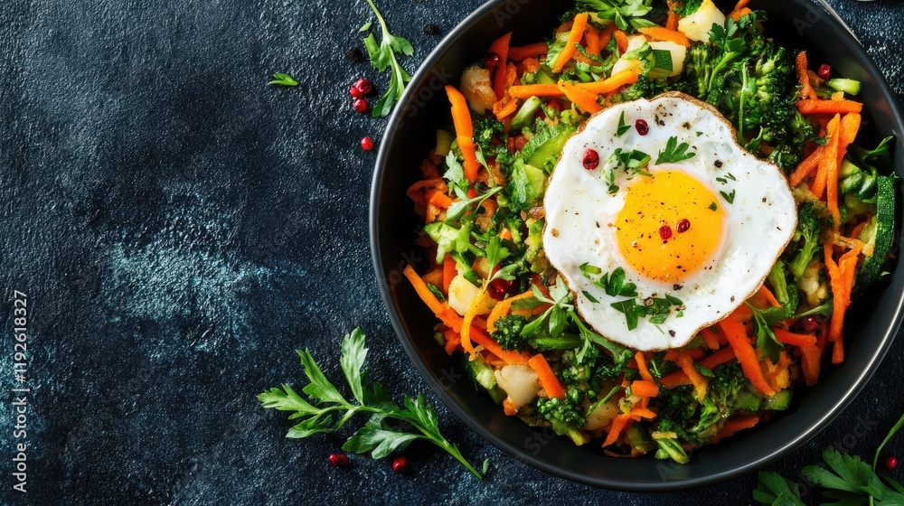 Poster bowl of colorful vegetable rosti topped with poached egg healthy breakfast idea on dark background w