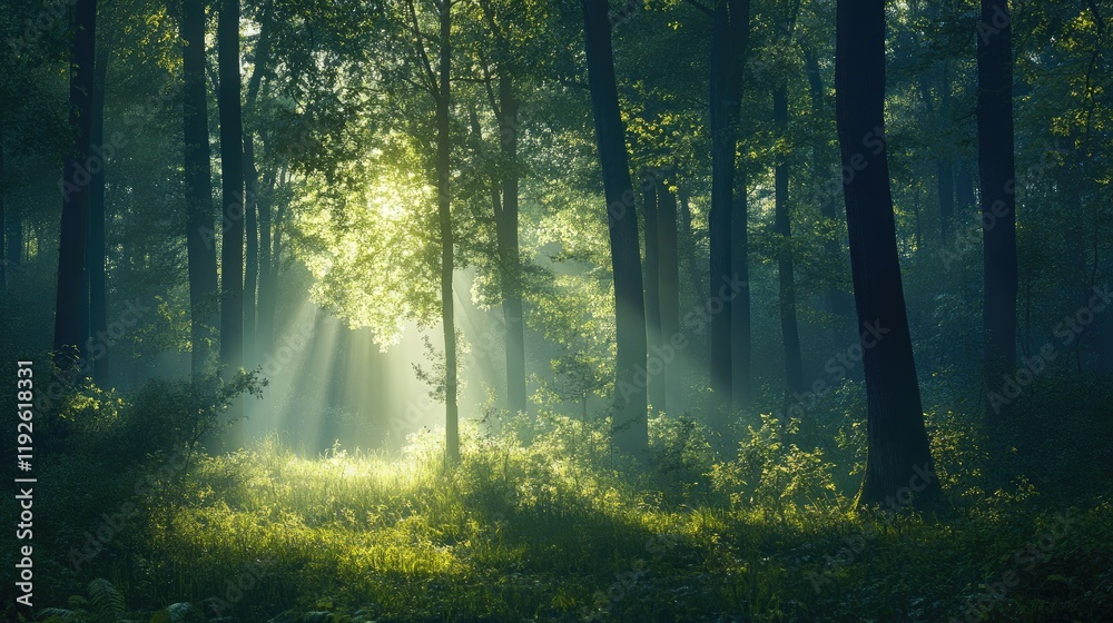 Aufkleber Enchanted forest with sunlight filtering through trees creating a serene and mystical atmosphere in nature's tranquility