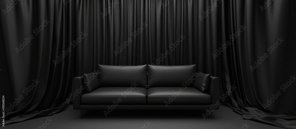 Fototapete modern black sofa against elegant curtains with ample empty space for text or branding in a stylish 